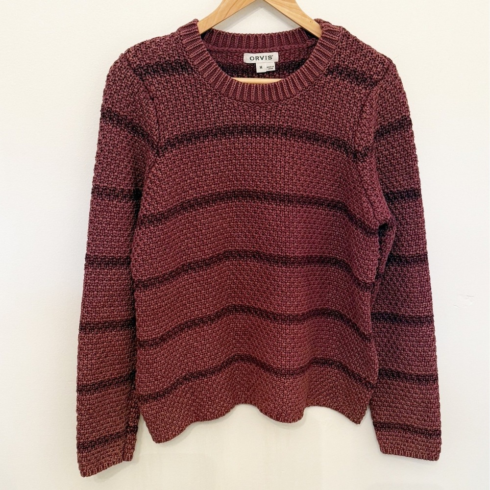 Orvis Knit Sweater Womens Medium Burgundy Striped Excellent Textured Pullover